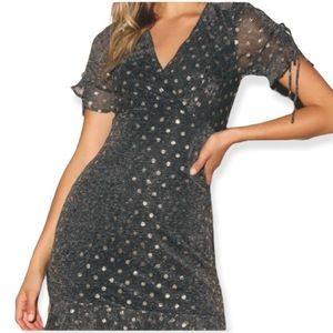Lulus Top Model Black and Gold Polka Dot Ruffle Dress - S